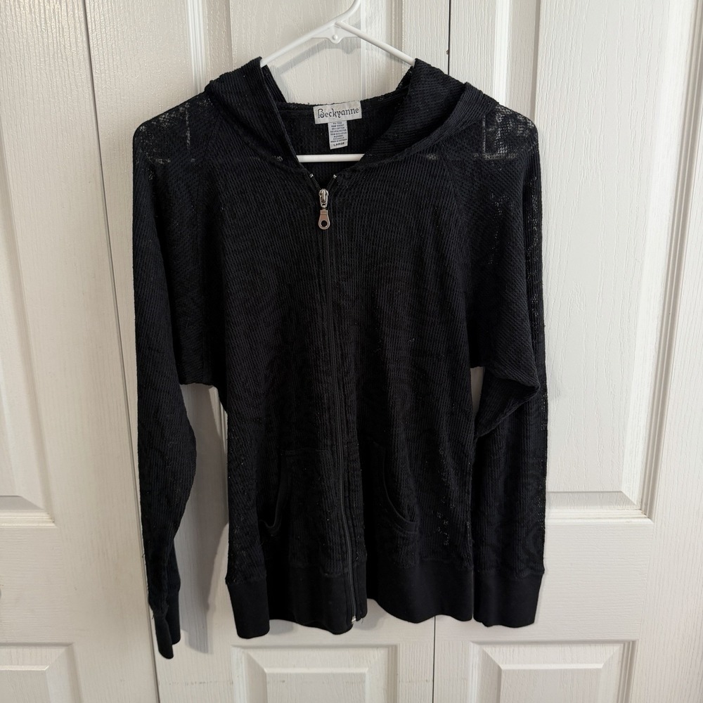 Beckyanne Black Lace Full Zip Jacket Women's Size Large Y2K Preppy Boho Festival